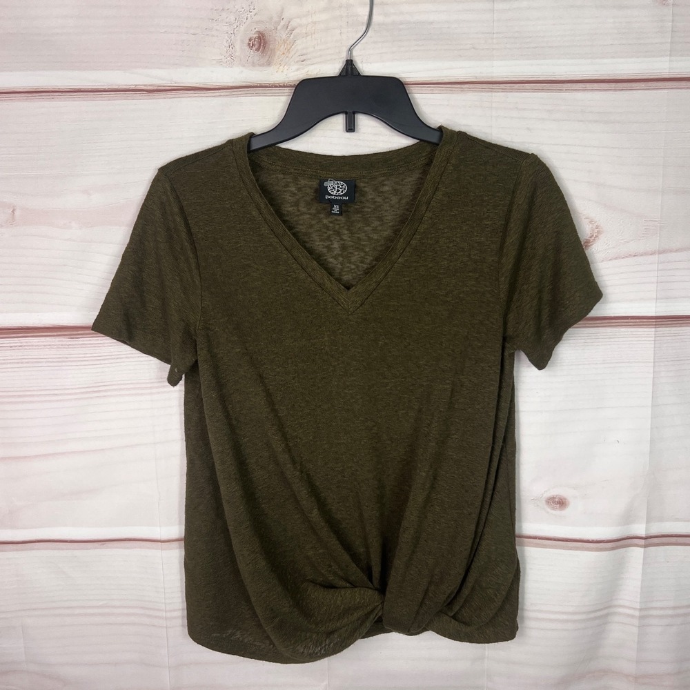 Bobeau Top Womens XS Green V-Neck T-Shirt Twist‎ Front Short Sleeve Knit Solid